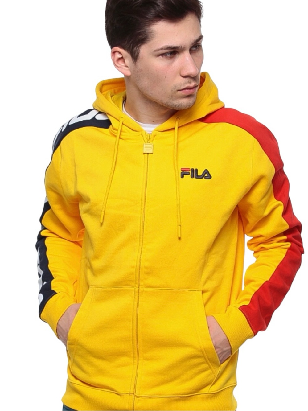 FILA Colorblock Zip Hoodie Mens M Yellow Navy Red Logo Sleeve 90s Streetwear